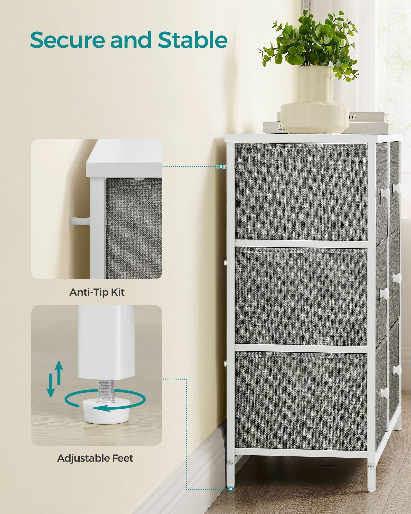 Chest of Drawers – Fabric and Metal – Light Grey and White – 6 Drawer Storage Organizer with Wooden Front and Top
