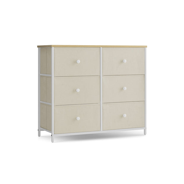 Storage Organiser Unit – Fabric and Metal – Rustic Brown and Black – 6 Drawers with Wooden Front and Top