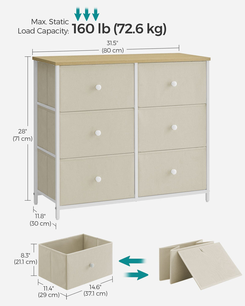 Storage Organiser Unit – Fabric and Metal – Rustic Brown and Black – 6 Drawers with Wooden Front and Top