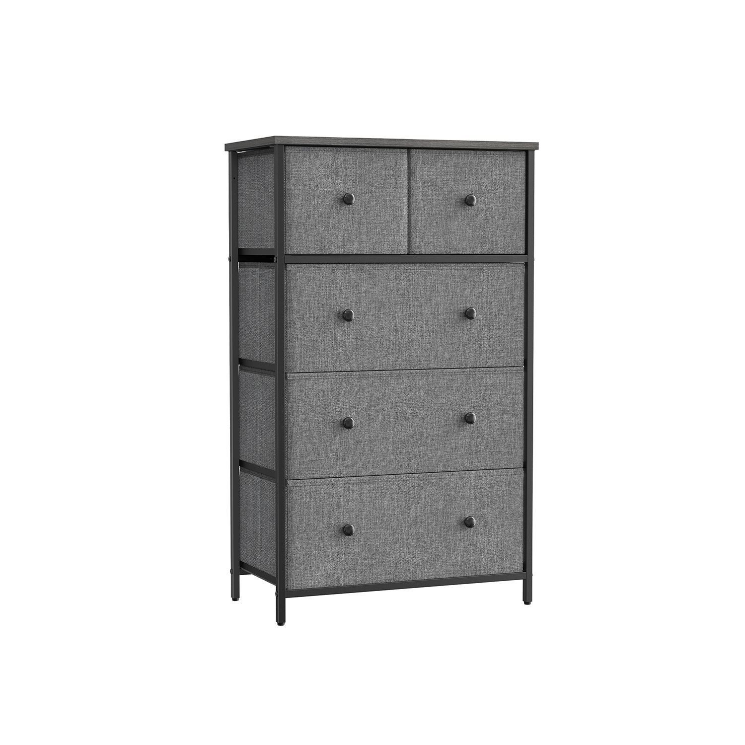 Fabric Storage Unit – Fabric and Wood – Grey and Black – 5 Drawers, Industrial Style
