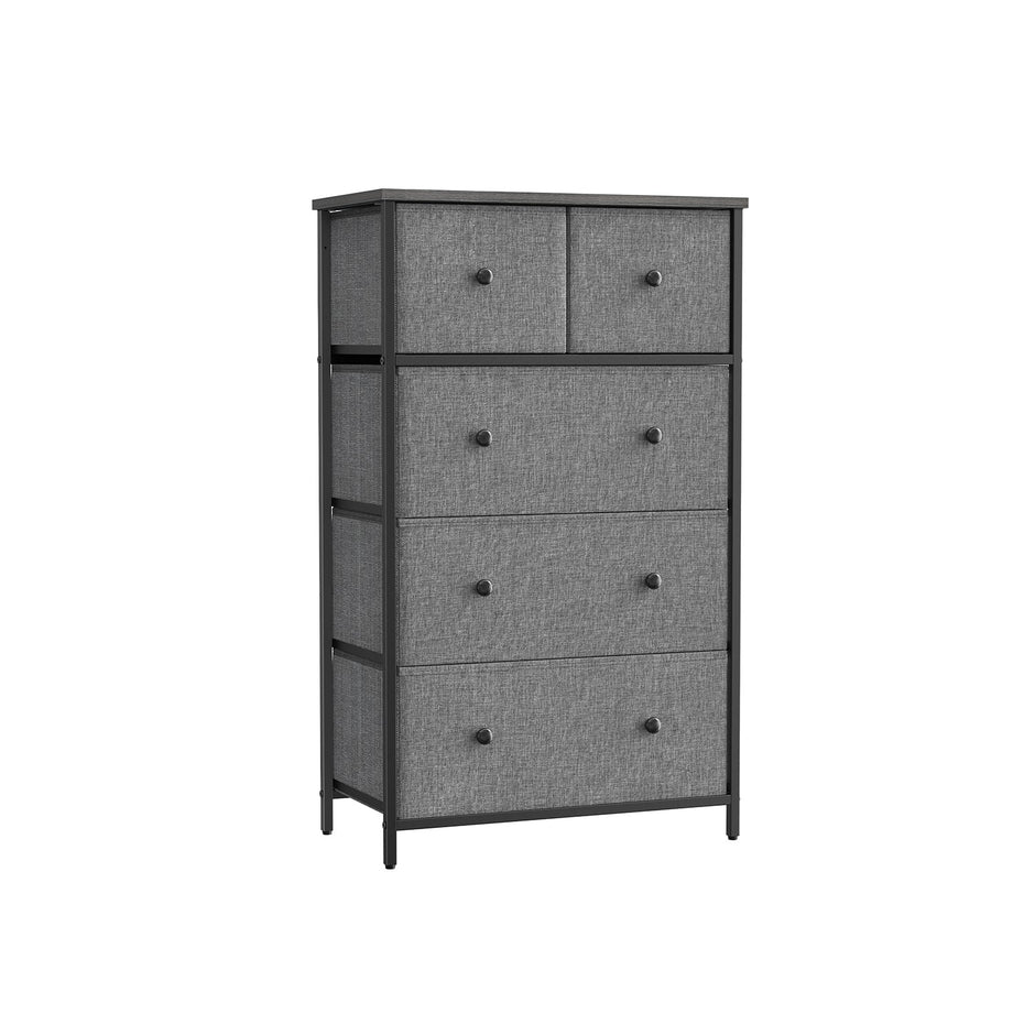 Fabric Storage Unit – Fabric and Wood – Grey and Black – 5 Drawers, Industrial Style