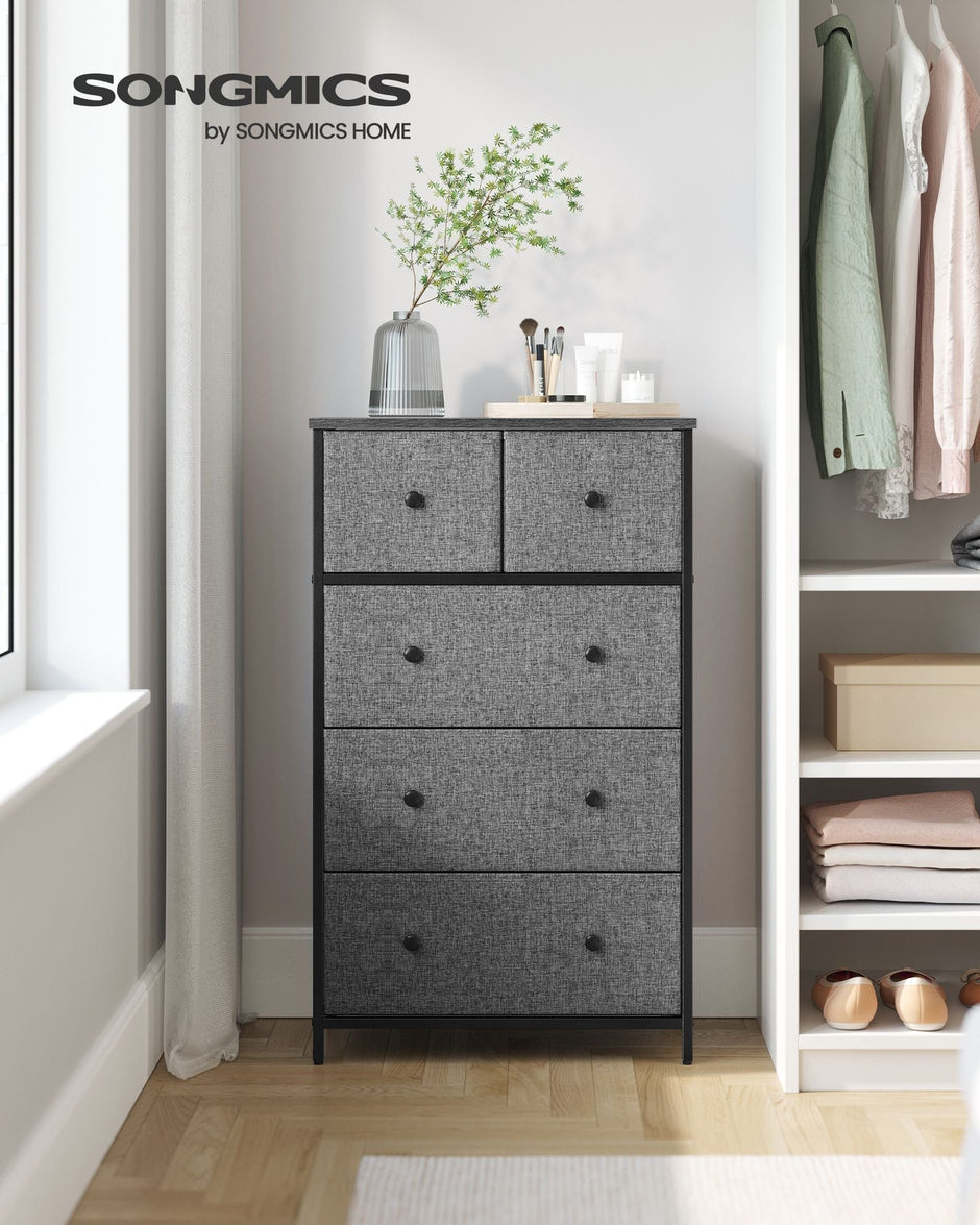 Fabric Storage Unit – Fabric and Wood – Grey and Black – 5 Drawers, Industrial Style