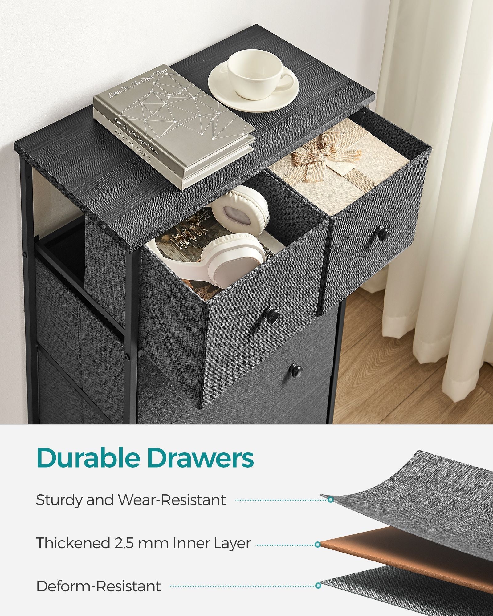 Fabric Storage Unit – Fabric and Wood – Grey and Black – 5 Drawers, Industrial Style