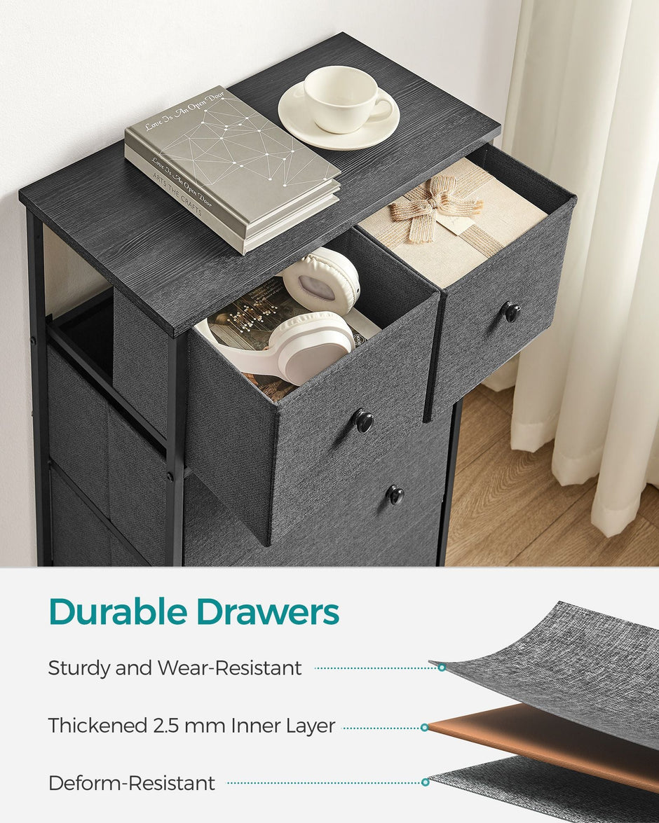 Fabric Storage Unit – Fabric and Wood – Grey and Black – 5 Drawers, Industrial Style