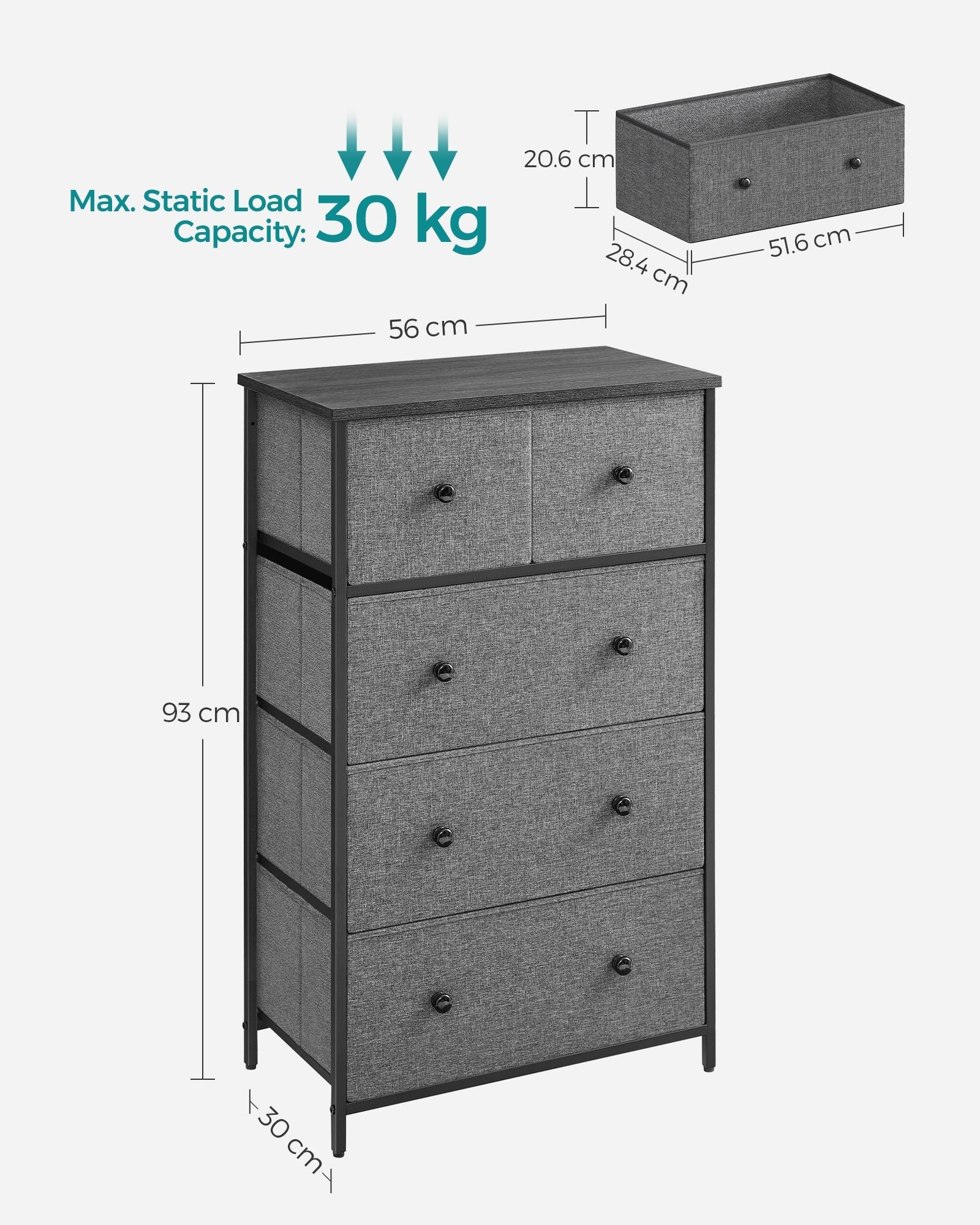 Fabric Storage Unit – Fabric and Wood – Grey and Black – 5 Drawers, Industrial Style