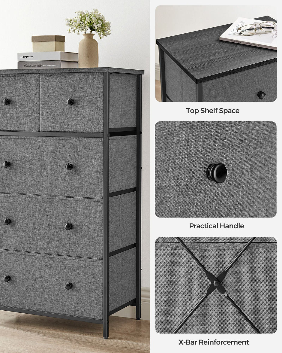 Fabric Storage Unit – Fabric and Wood – Grey and Black – 5 Drawers, Industrial Style