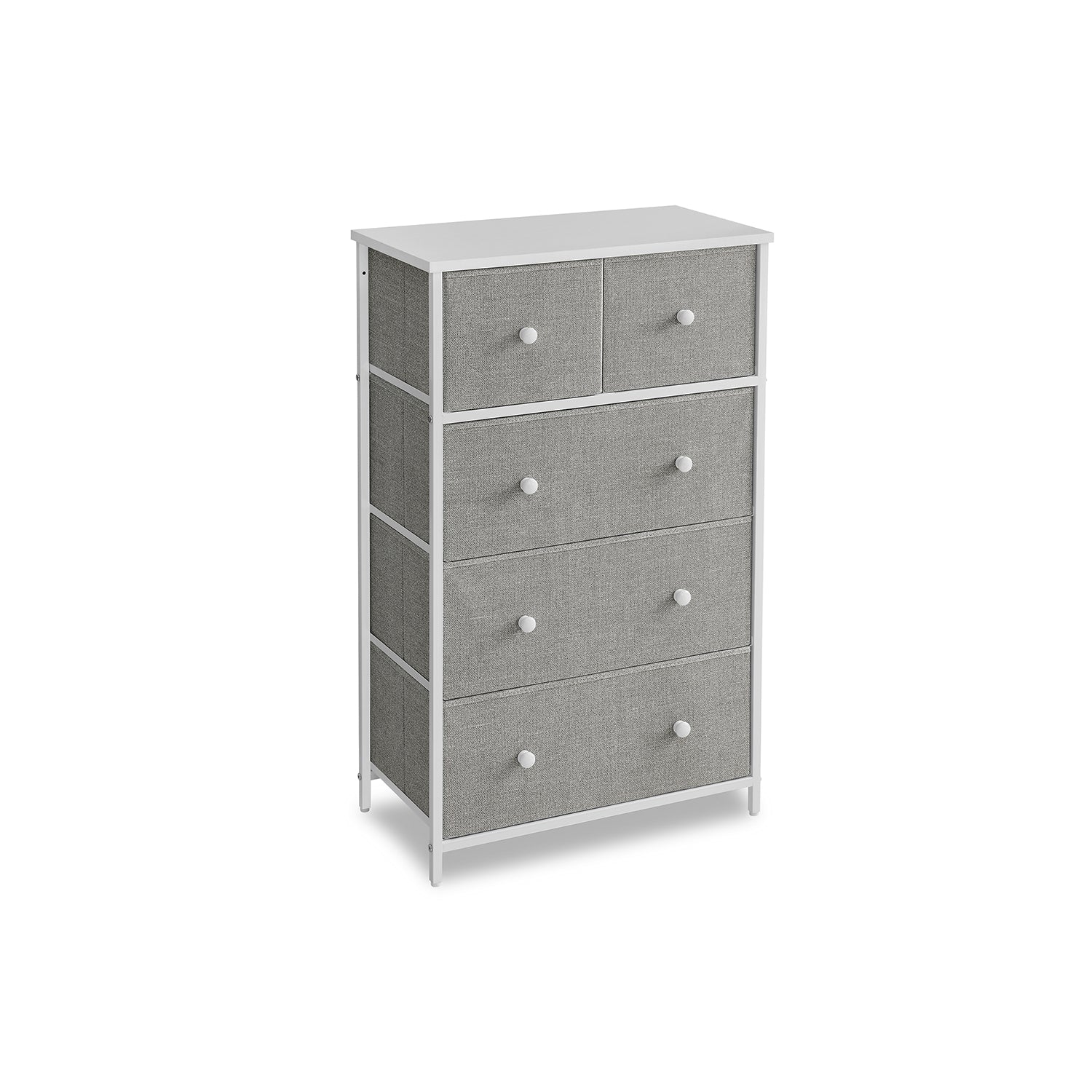 Fabric Chest of Drawers – Fabric and Wood – Rustic Brown and Black – 5 Drawers with Adjustable Feet