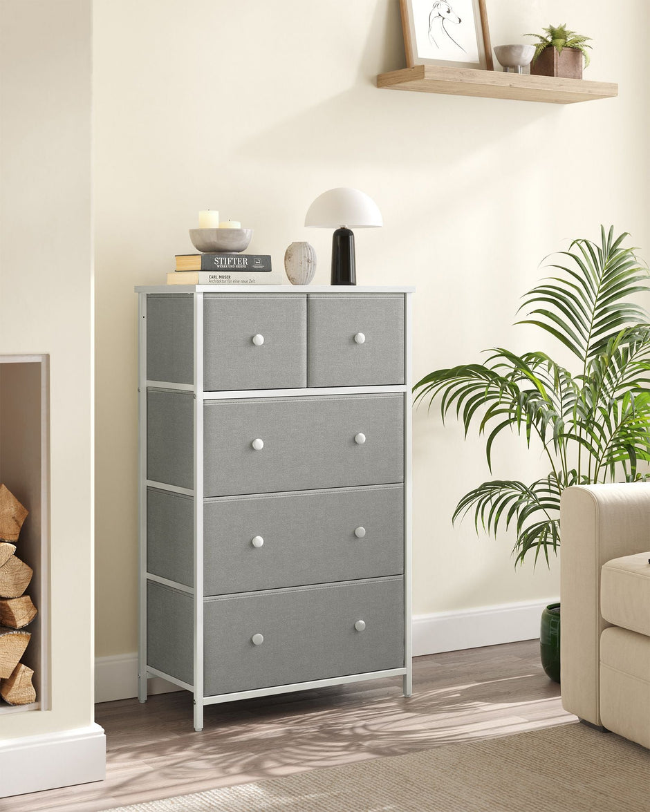 Fabric Chest of Drawers – Fabric and Wood – Rustic Brown and Black – 5 Drawers with Adjustable Feet