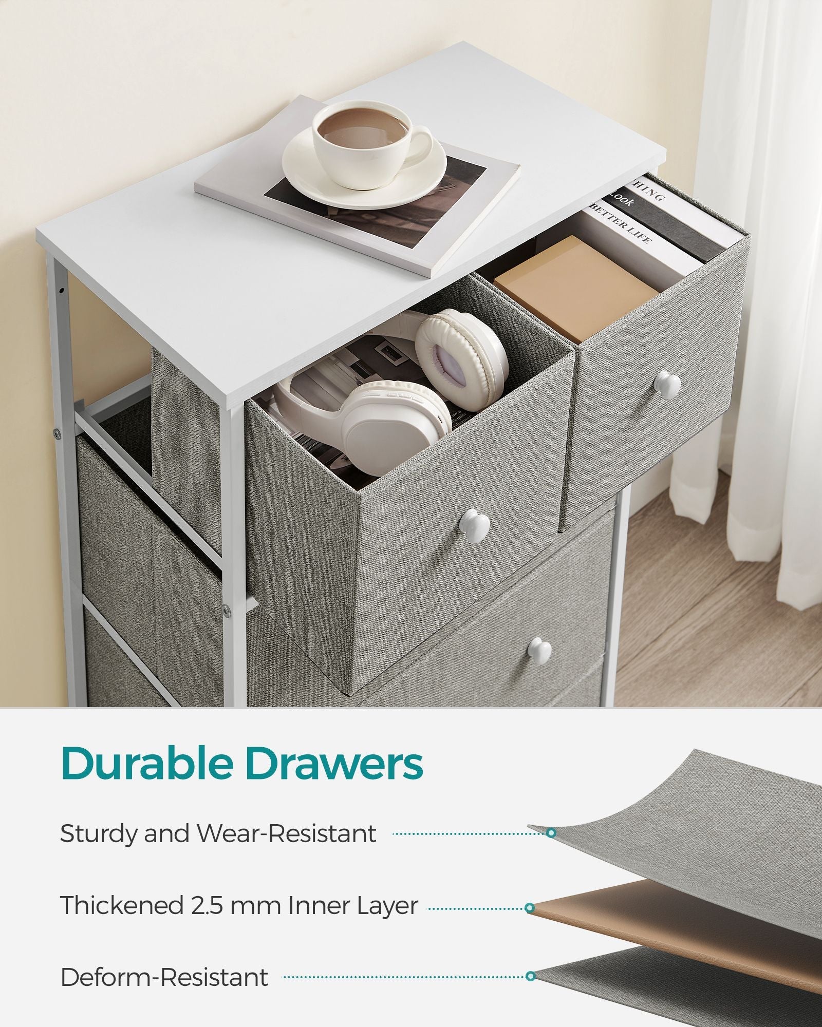 Fabric Chest of Drawers – Fabric and Wood – Rustic Brown and Black – 5 Drawers with Adjustable Feet