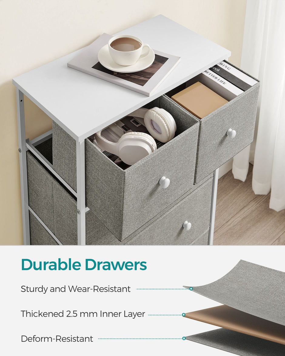 Fabric Chest of Drawers – Fabric and Wood – Rustic Brown and Black – 5 Drawers with Adjustable Feet