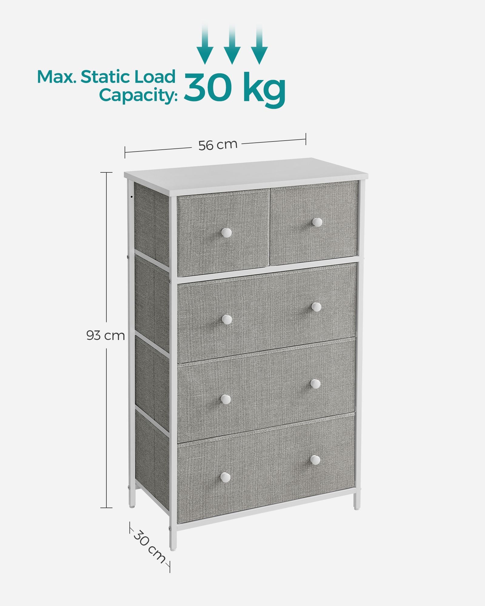 Fabric Chest of Drawers – Fabric and Wood – Rustic Brown and Black – 5 Drawers with Adjustable Feet