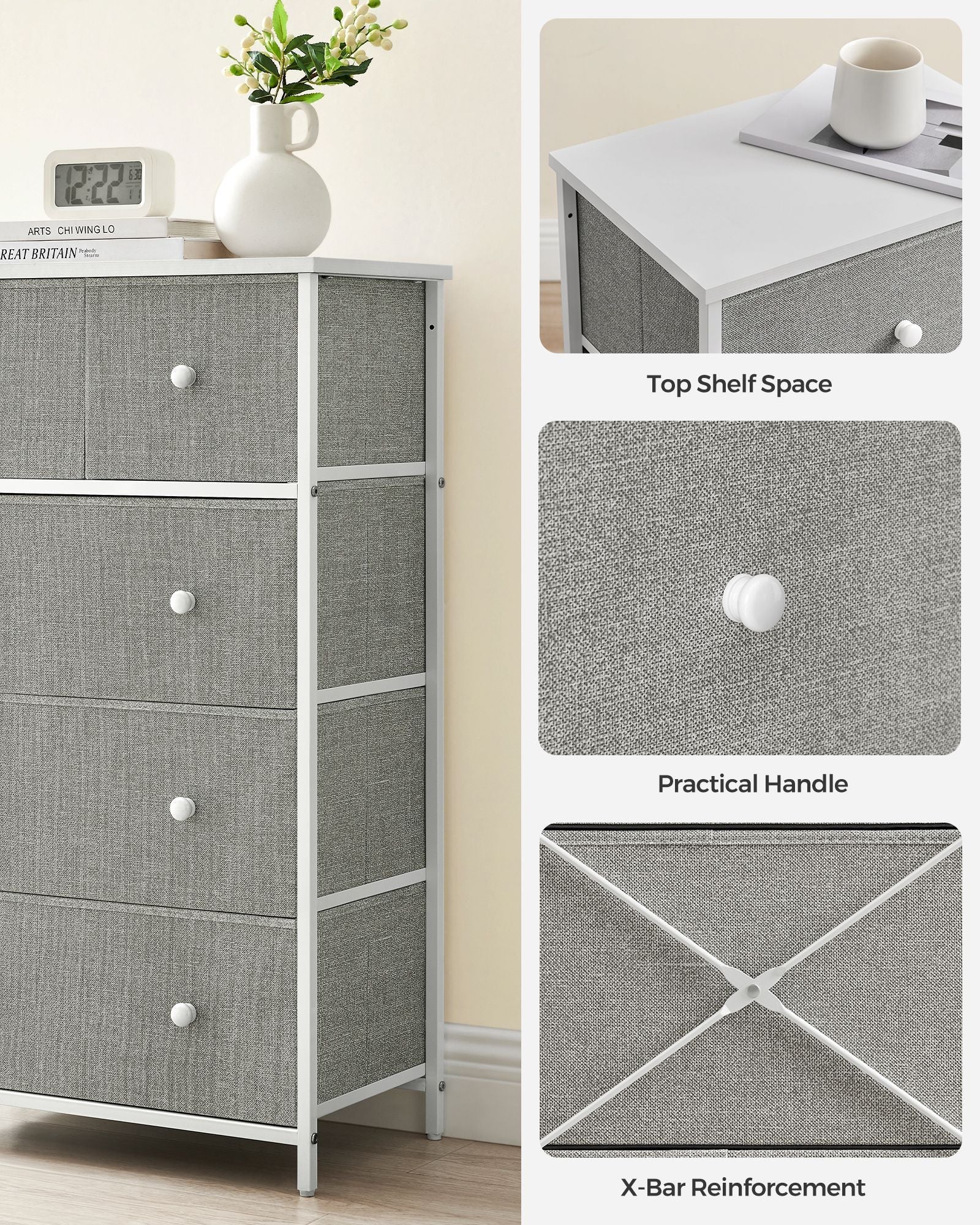 Fabric Chest of Drawers – Fabric and Wood – Rustic Brown and Black – 5 Drawers with Adjustable Feet
