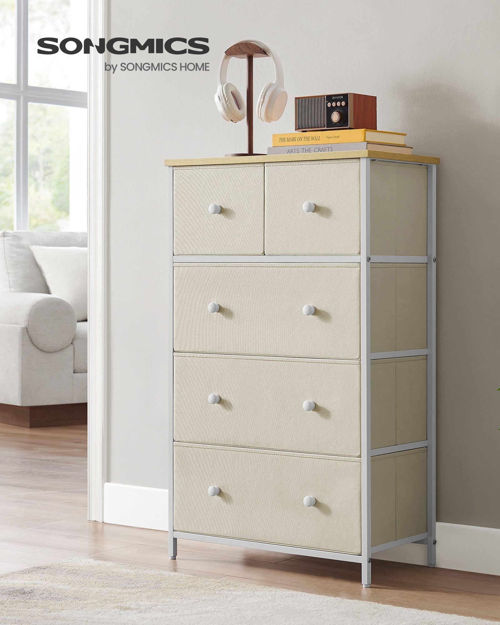 Fabric Storage Organiser Unit – Fabric – Rustic Brown and Black – Industrial Style with 5 Drawers