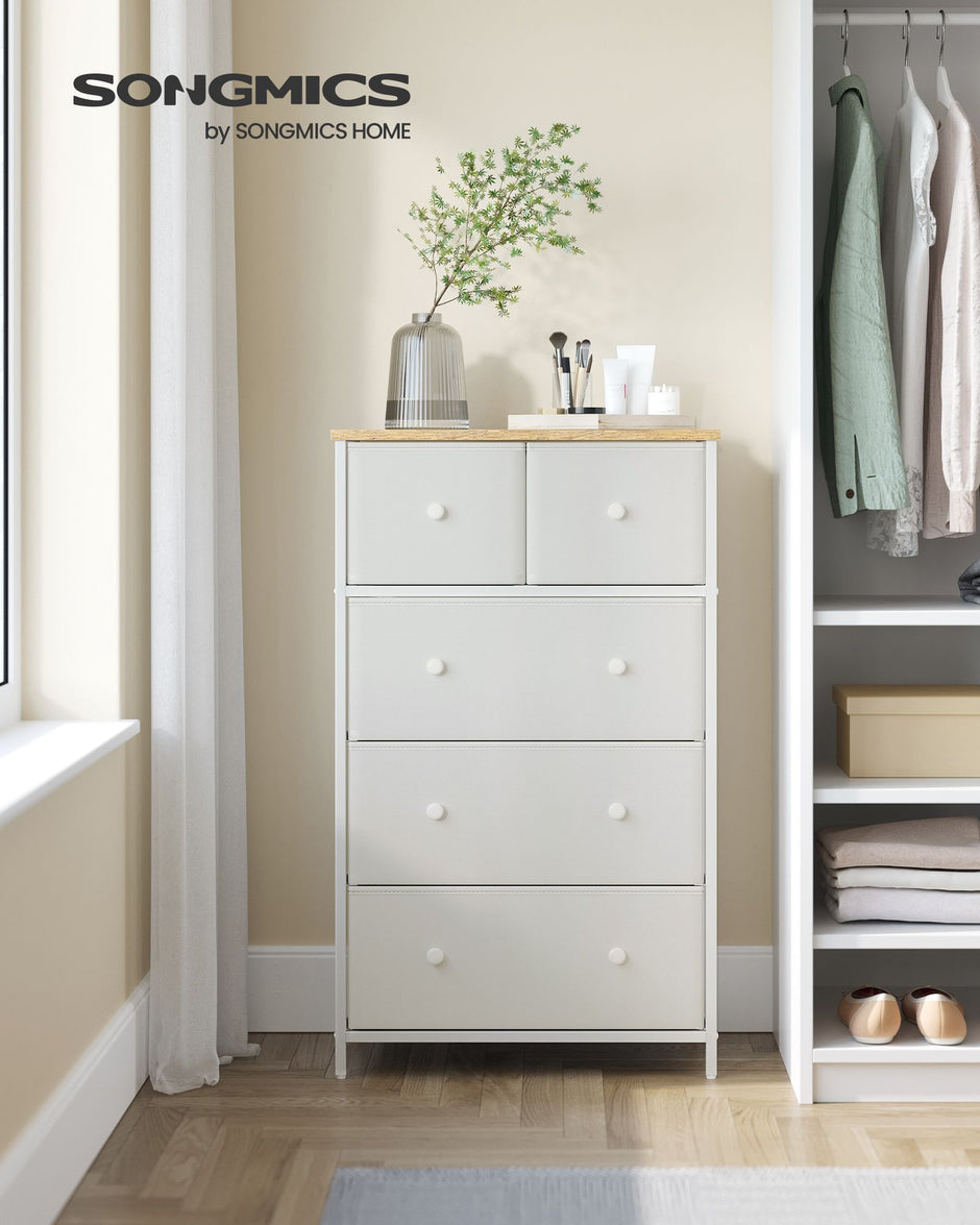 Fabric Chest of Drawers – Fabric – White and Oak – 5-Drawer Storage Organiser for Living Room, Hallway, and Nursery