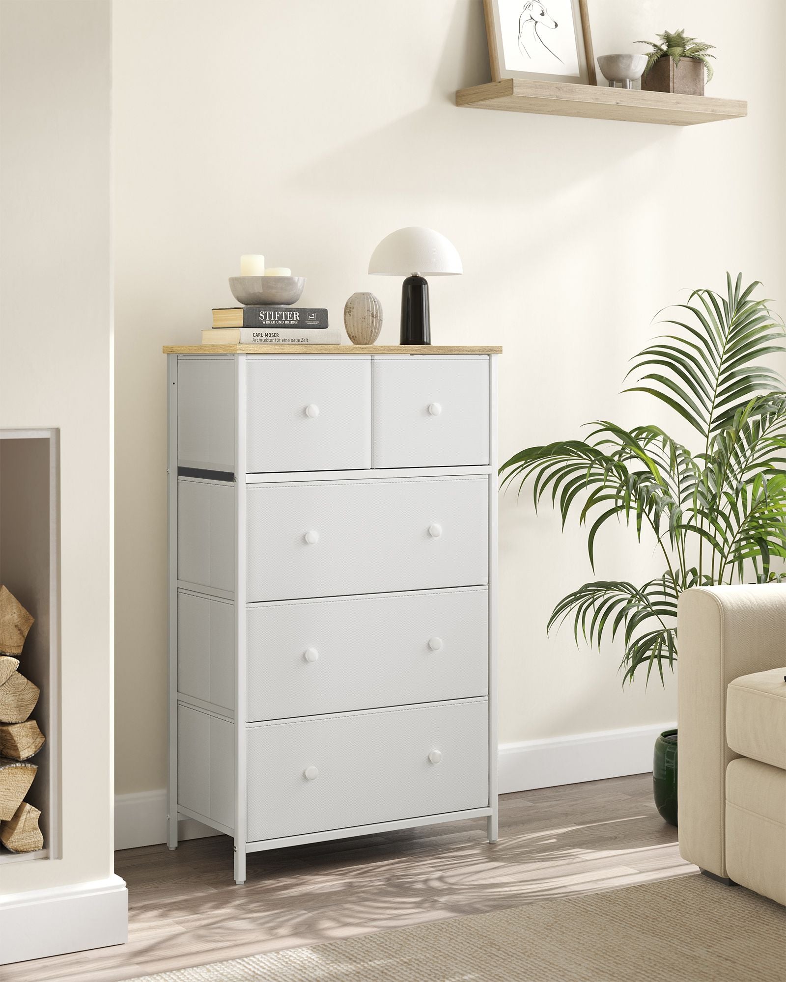 Fabric Chest of Drawers – Fabric – White and Oak – 5-Drawer Storage Organiser for Living Room, Hallway, and Nursery