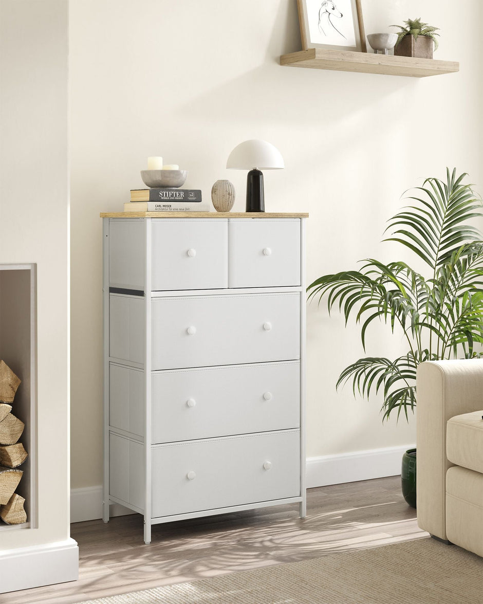 Fabric Chest of Drawers – Fabric – White and Oak – 5-Drawer Storage Organiser for Living Room, Hallway, and Nursery