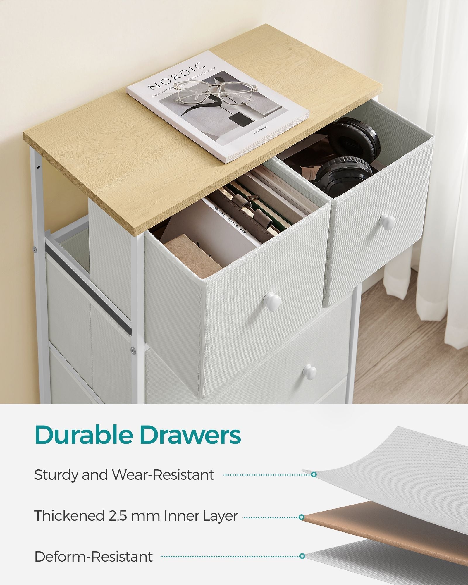 Fabric Chest of Drawers – Fabric – White and Oak – 5-Drawer Storage Organiser for Living Room, Hallway, and Nursery