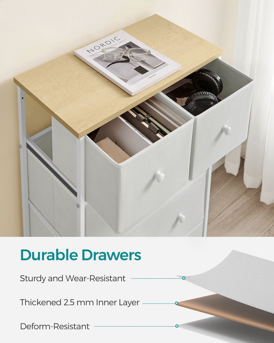Fabric Chest of Drawers – Fabric – White and Oak – 5-Drawer Storage Organiser for Living Room, Hallway, and Nursery