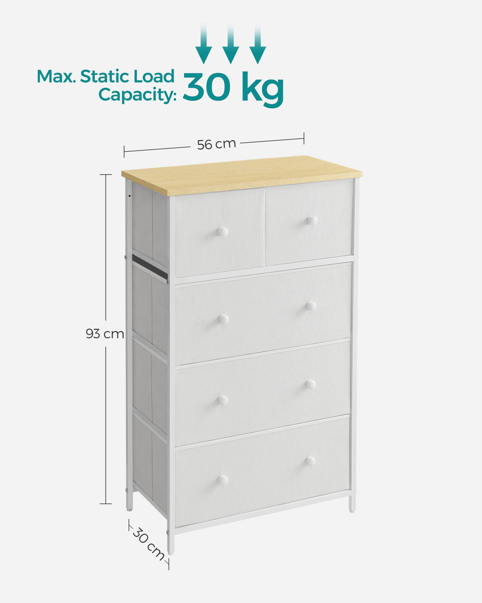 Fabric Chest of Drawers – Fabric – White and Oak – 5-Drawer Storage Organiser for Living Room, Hallway, and Nursery