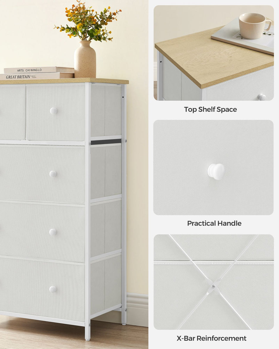 Fabric Chest of Drawers – Fabric – White and Oak – 5-Drawer Storage Organiser for Living Room, Hallway, and Nursery