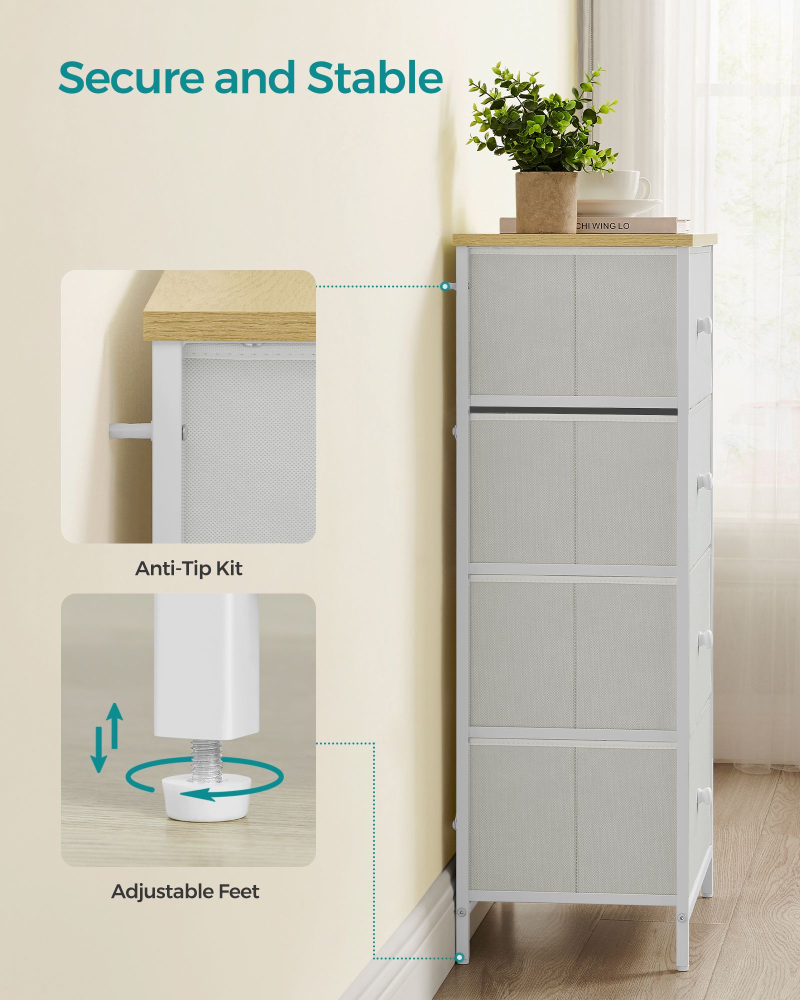 Fabric Chest of Drawers – Fabric – White and Oak – 5-Drawer Storage Organiser for Living Room, Hallway, and Nursery