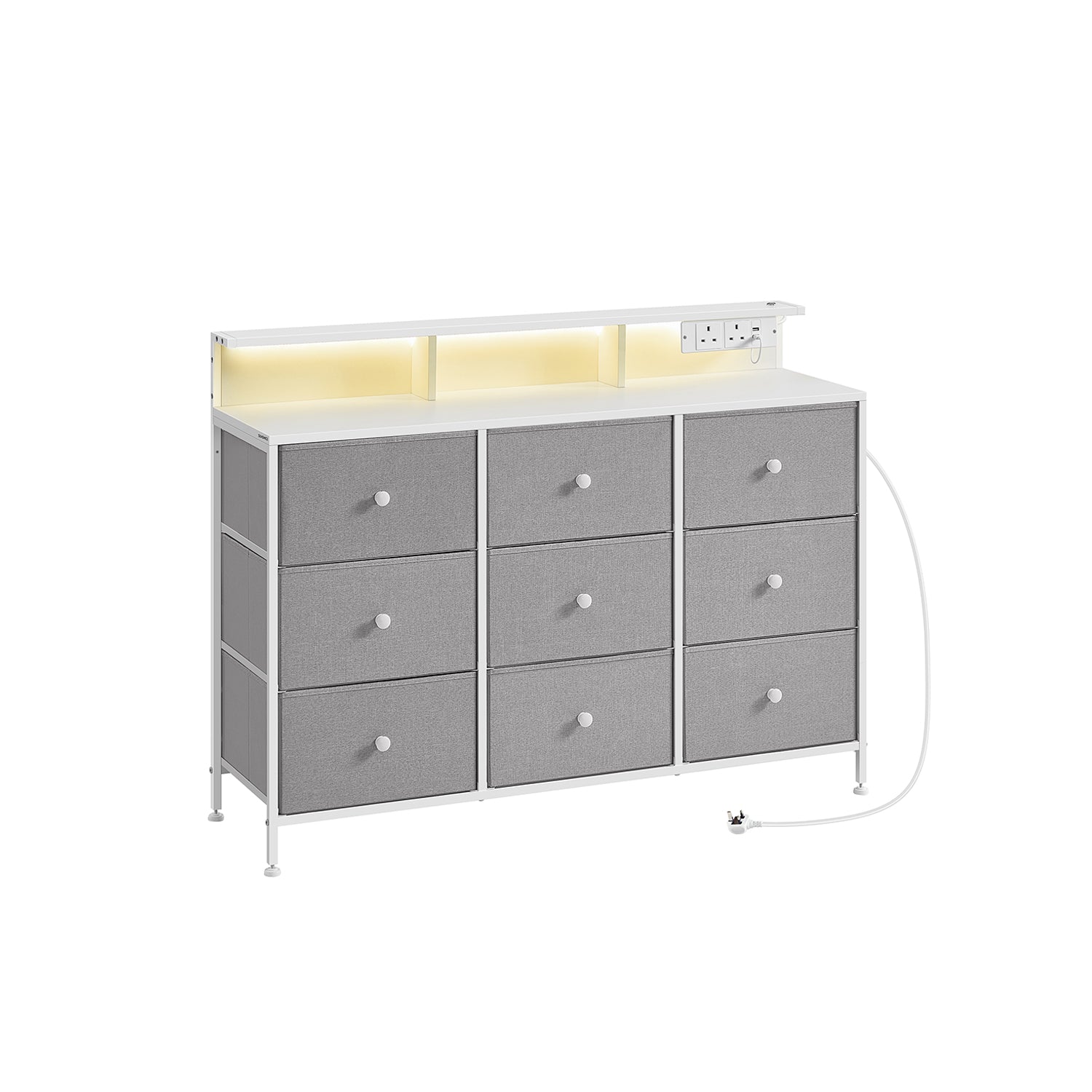 Storage Unit – Fabric – Dove Grey – 9 Drawers with LED Lights and Charging Station