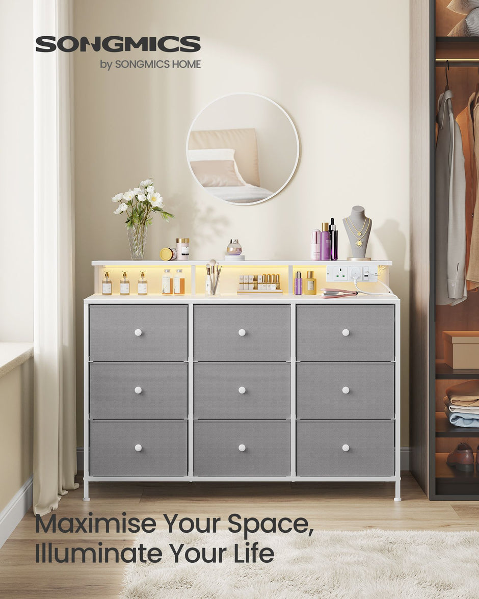 Storage Unit – Fabric – Dove Grey – 9 Drawers with LED Lights and Charging Station