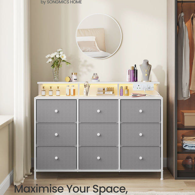 Storage Unit – Fabric – Dove Grey – 9 Drawers with LED Lights and Charging Station