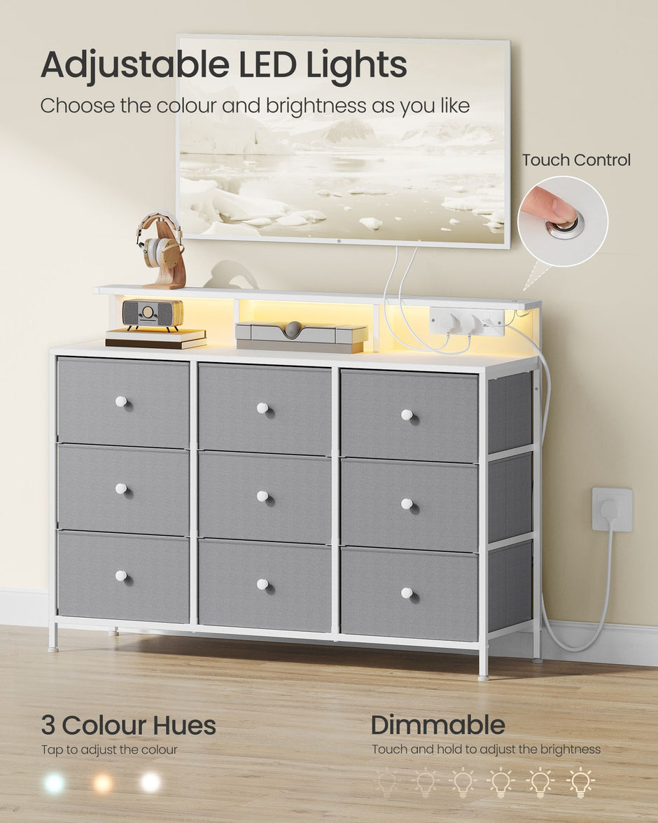 Storage Unit – Fabric – Dove Grey – 9 Drawers with LED Lights and Charging Station