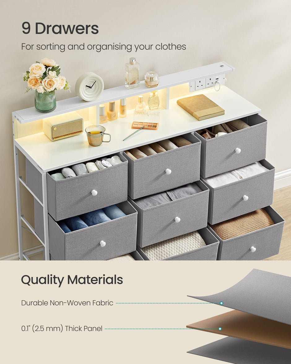 Storage Unit – Fabric – Dove Grey – 9 Drawers with LED Lights and Charging Station
