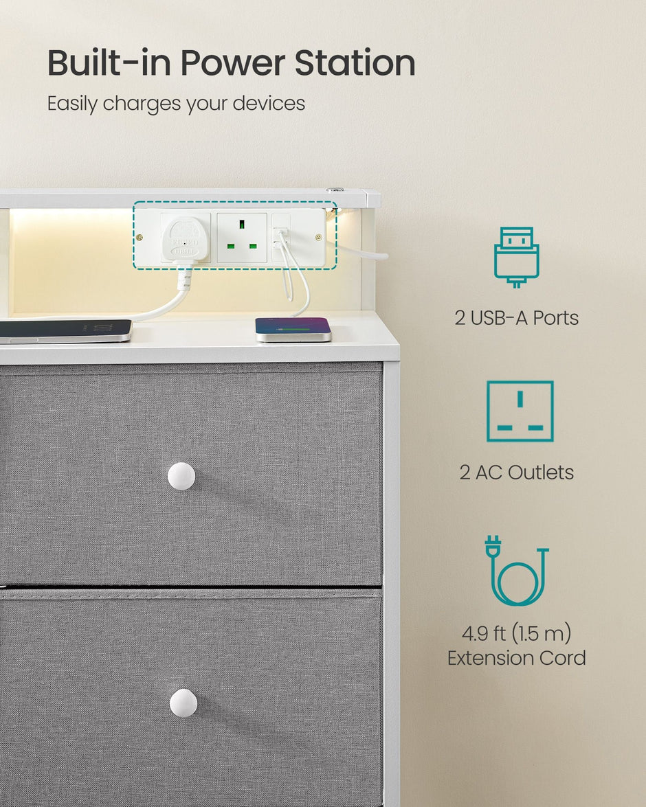 Storage Unit – Fabric – Dove Grey – 9 Drawers with LED Lights and Charging Station
