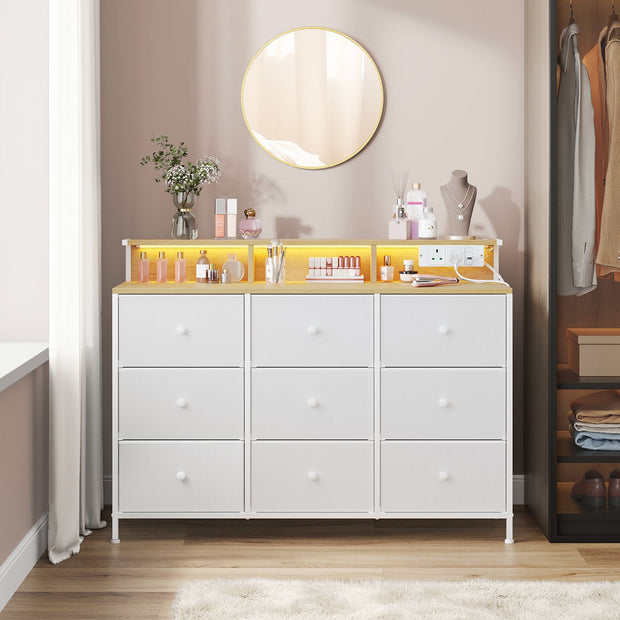 Storage Unit – Fabric – Dove Grey – 9 Drawers with LED Lights and Charging Station