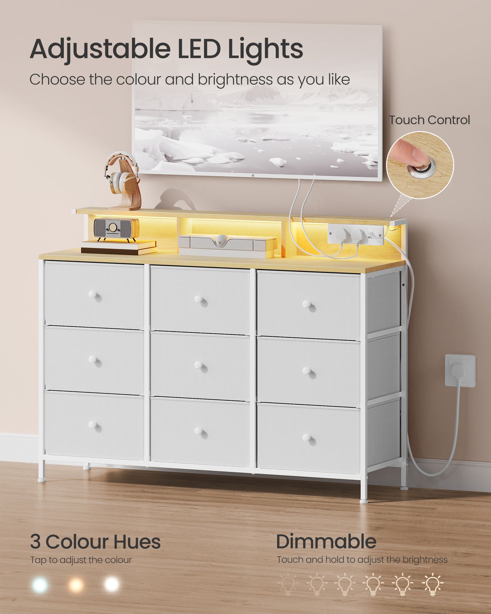 Storage Unit – Fabric – Dove Grey – 9 Drawers with LED Lights and Charging Station