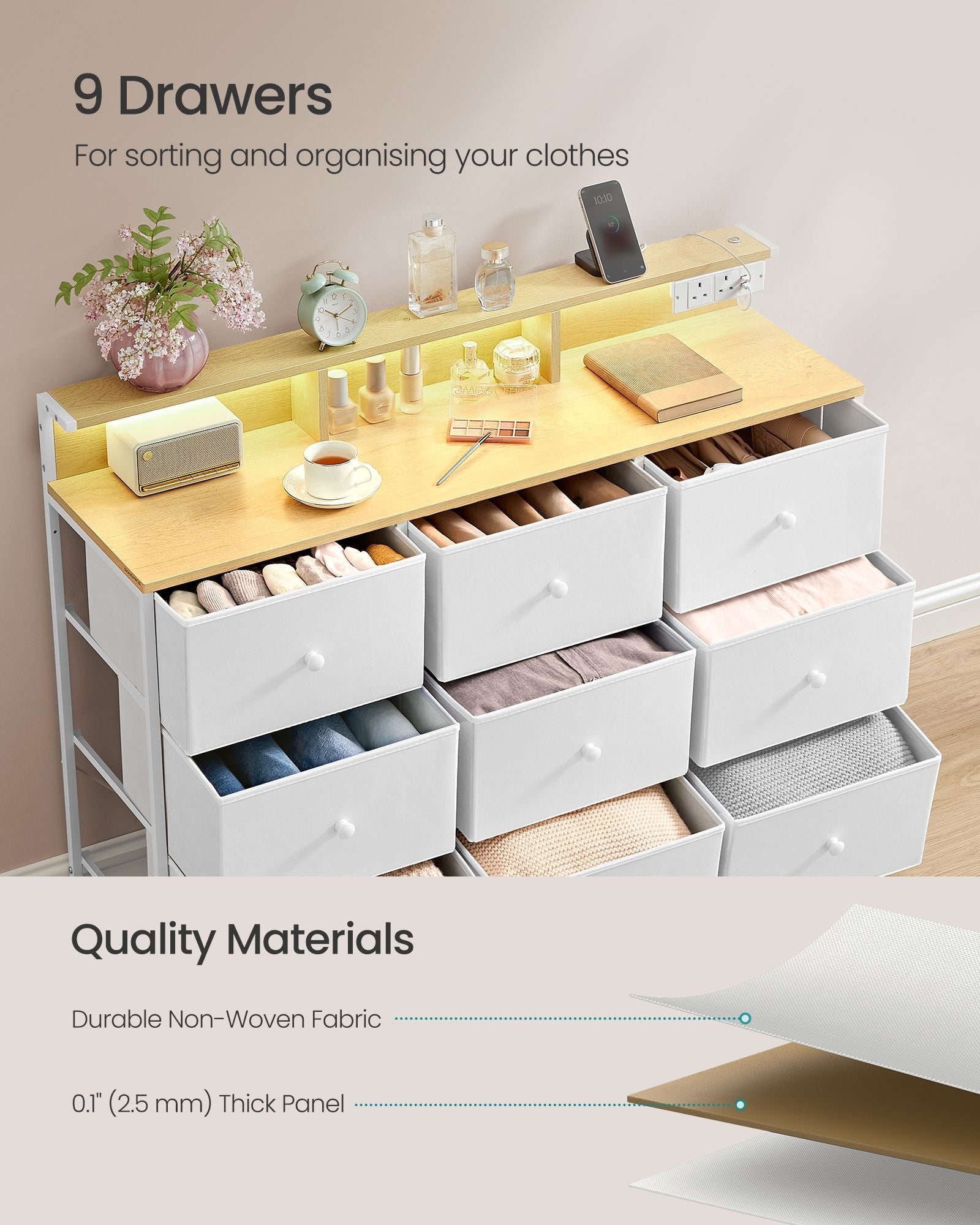 Storage Unit – Fabric – Dove Grey – 9 Drawers with LED Lights and Charging Station