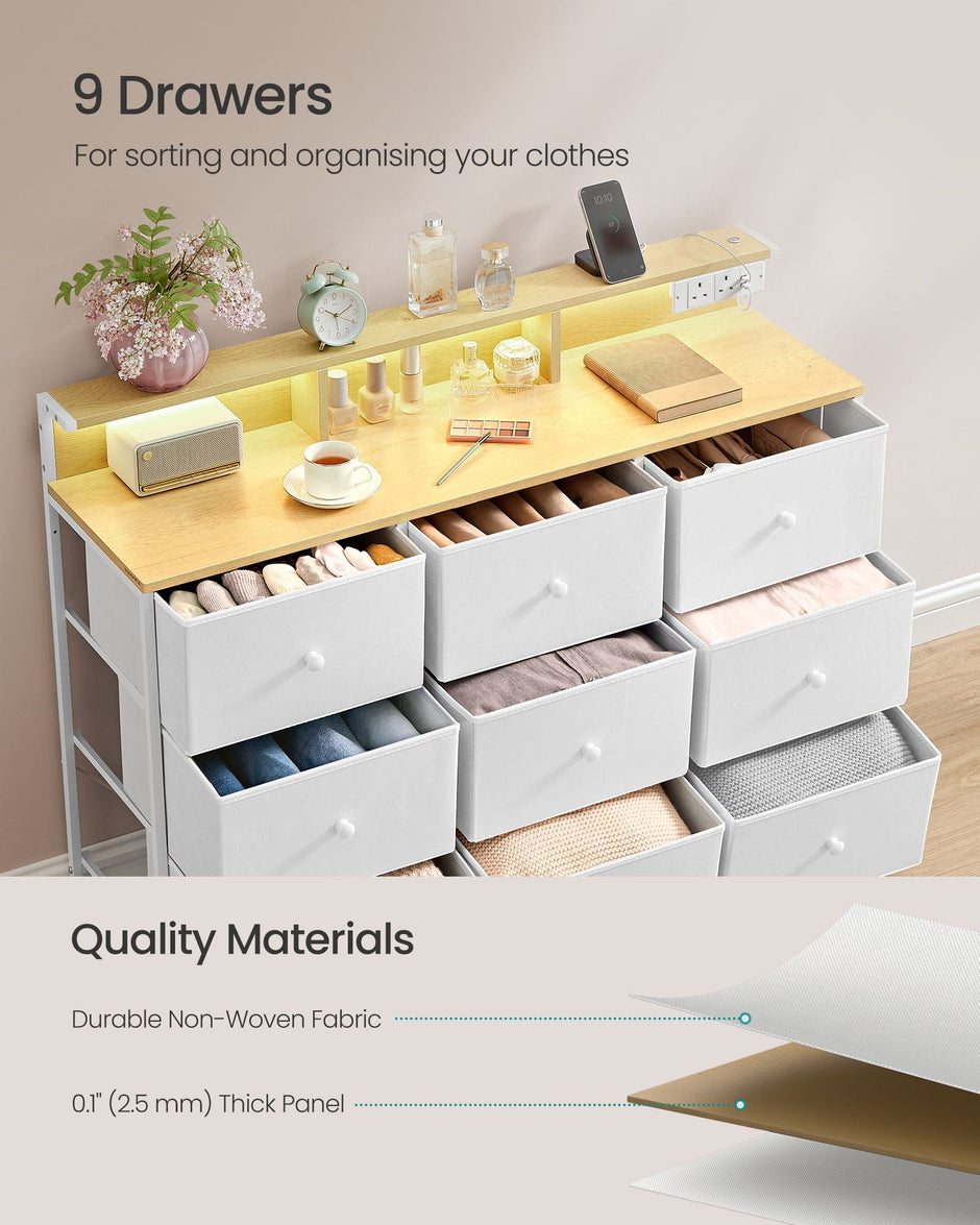 Storage Unit – Fabric – Dove Grey – 9 Drawers with LED Lights and Charging Station