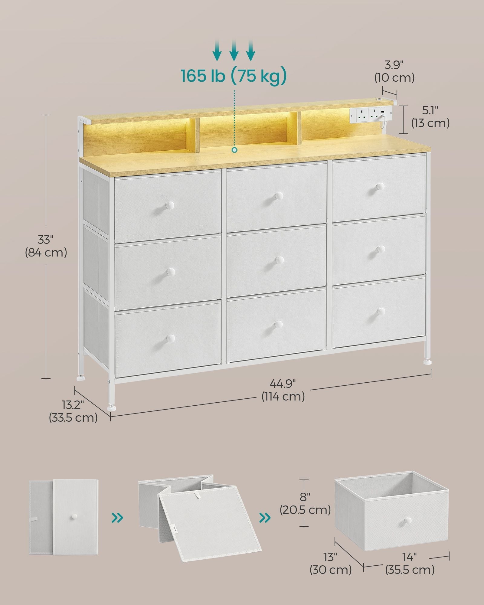 Storage Unit – Fabric – Dove Grey – 9 Drawers with LED Lights and Charging Station