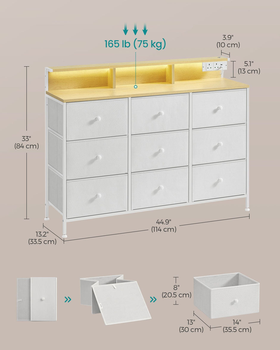 Storage Unit – Fabric – Dove Grey – 9 Drawers with LED Lights and Charging Station