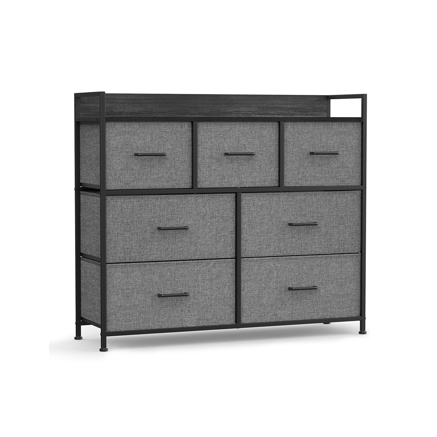 Chest of Drawers – Fabric and Metal – Grey and Black – 7 Drawers with Rustic Wood Grain Finish