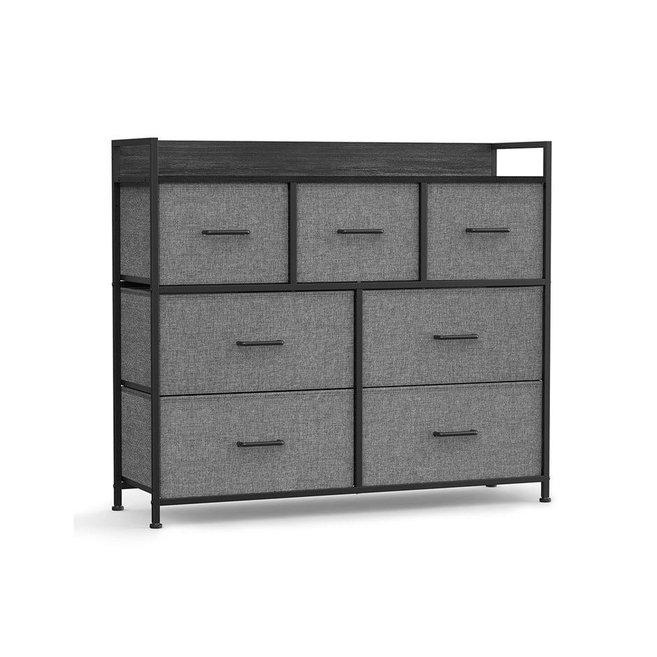 Chest of Drawers – Fabric and Metal – Grey and Black – 7 Drawers with Rustic Wood Grain Finish