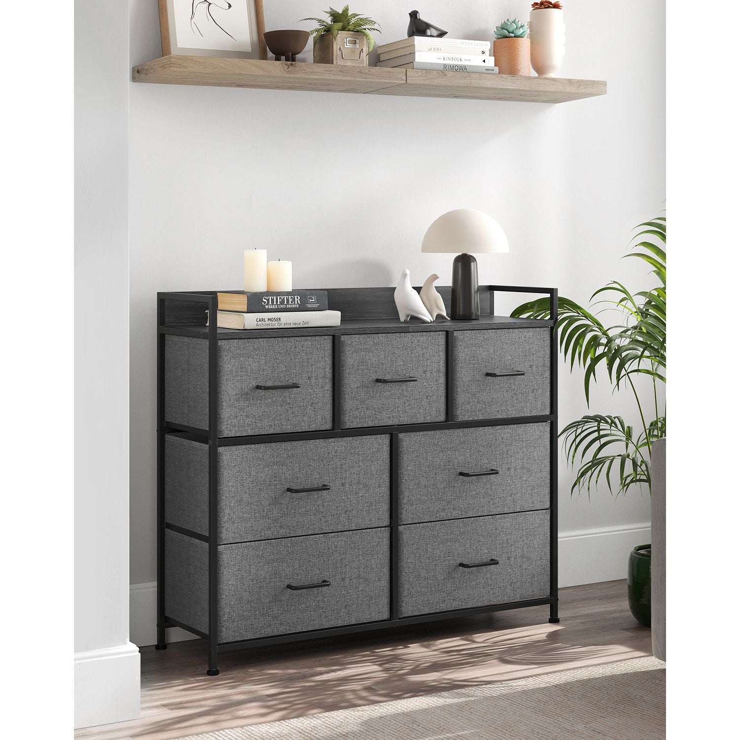 Chest of Drawers – Fabric and Metal – Grey and Black – 7 Drawers with Rustic Wood Grain Finish