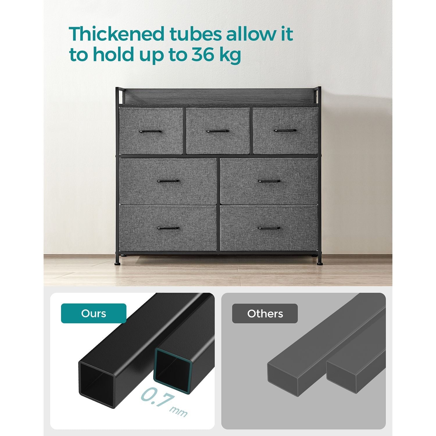Chest of Drawers – Fabric and Metal – Grey and Black – 7 Drawers with Rustic Wood Grain Finish