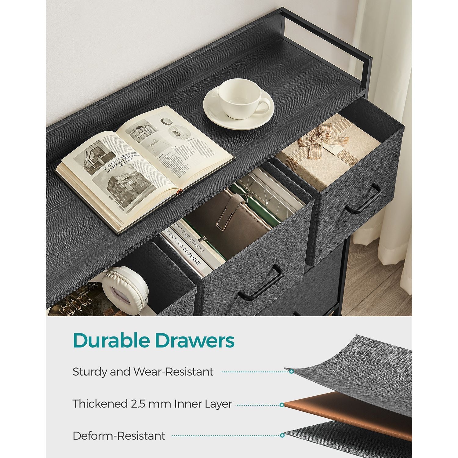Chest of Drawers – Fabric and Metal – Grey and Black – 7 Drawers with Rustic Wood Grain Finish