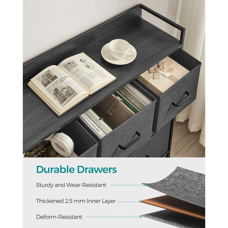 Chest of Drawers – Fabric and Metal – Grey and Black – 7 Drawers with Rustic Wood Grain Finish