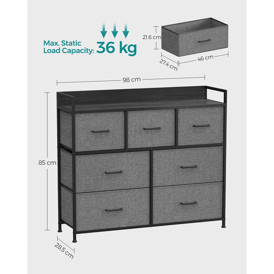 Chest of Drawers – Fabric and Metal – Grey and Black – 7 Drawers with Rustic Wood Grain Finish