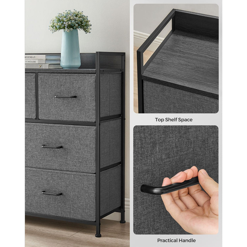 Chest of Drawers – Fabric and Metal – Grey and Black – 7 Drawers with Rustic Wood Grain Finish