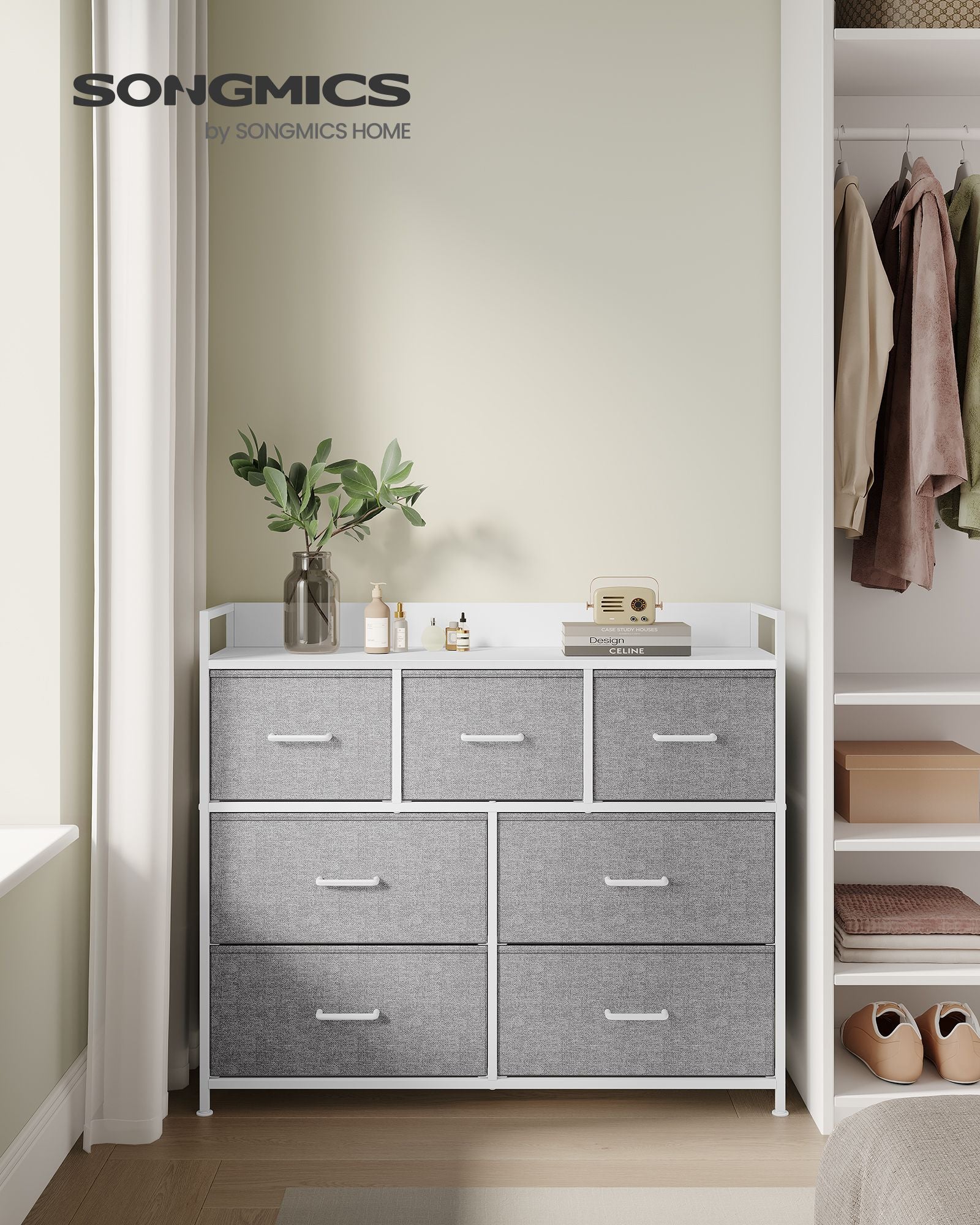Chest of Drawers – Fabric and Metal – Dove Grey and Cloud White – 7 Drawer Storage Unit with Industrial Design