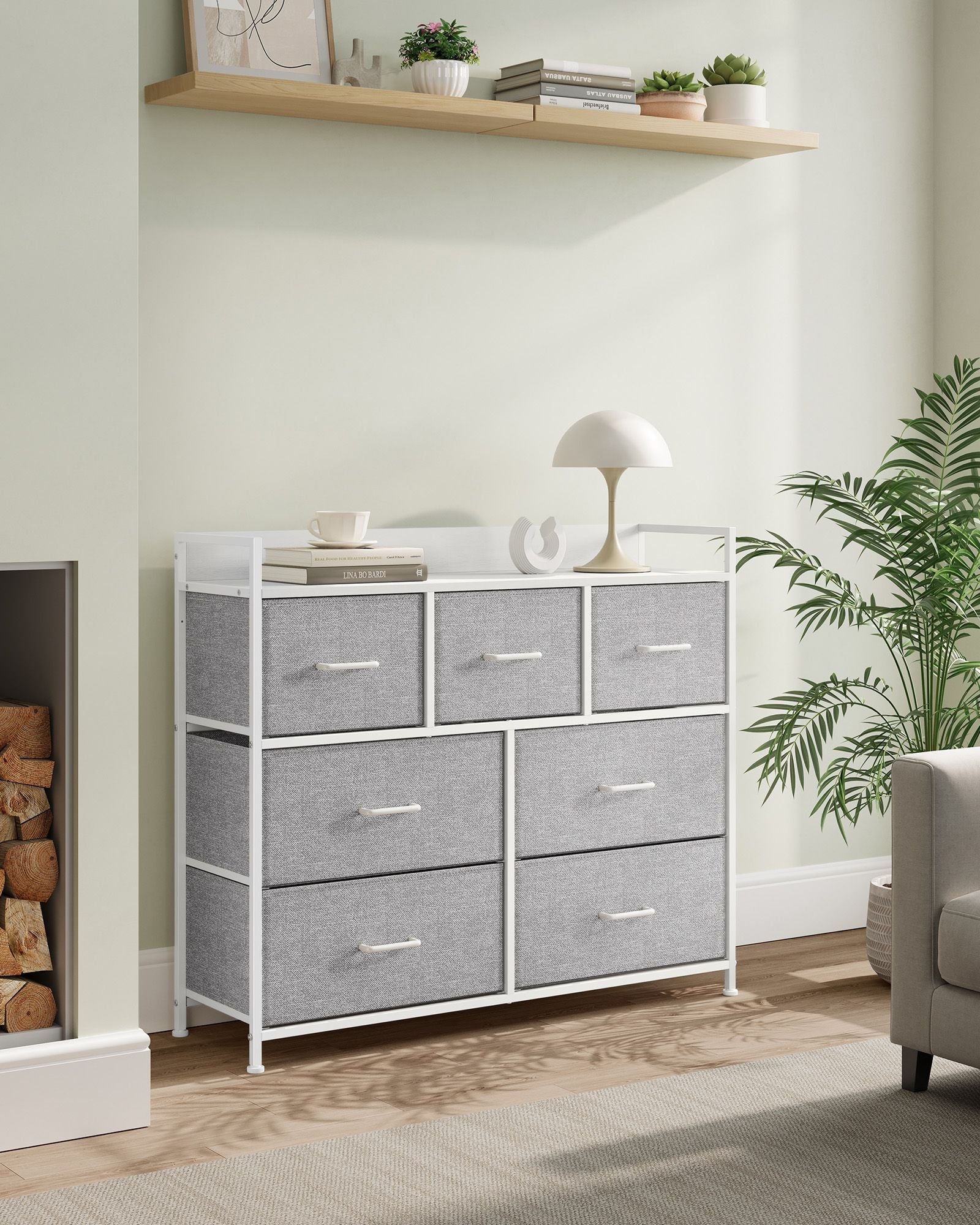 Chest of Drawers – Fabric and Metal – Dove Grey and Cloud White – 7 Drawer Storage Unit with Industrial Design