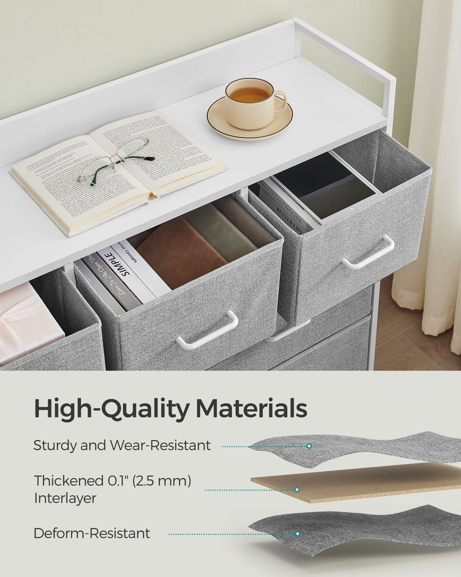 Chest of Drawers – Fabric and Metal – Dove Grey and Cloud White – 7 Drawer Storage Unit with Industrial Design