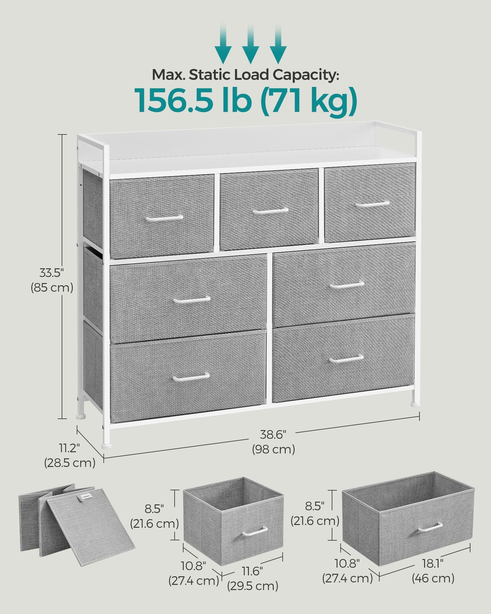 Chest of Drawers – Fabric and Metal – Dove Grey and Cloud White – 7 Drawer Storage Unit with Industrial Design