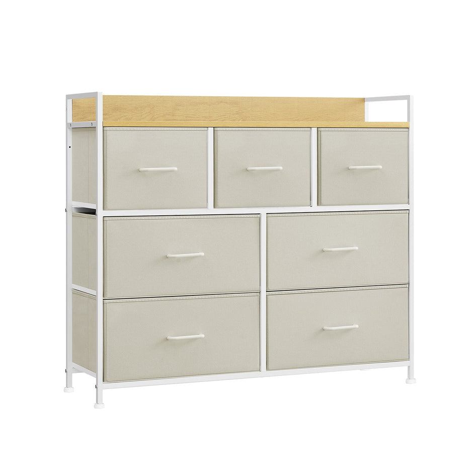 Chest of Drawers – Fabric and Metal – Cream White and Oak Beige – 7 Drawer Storage Unit